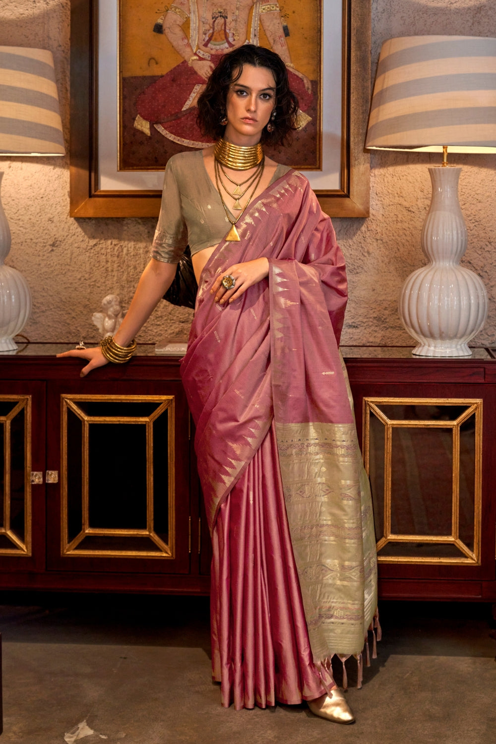 Pink Tussar Silk Saree