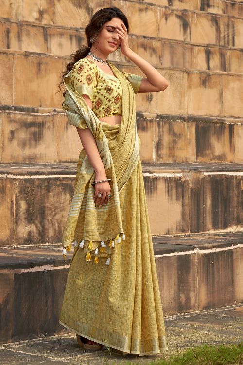 Avocado Green Linen Saree