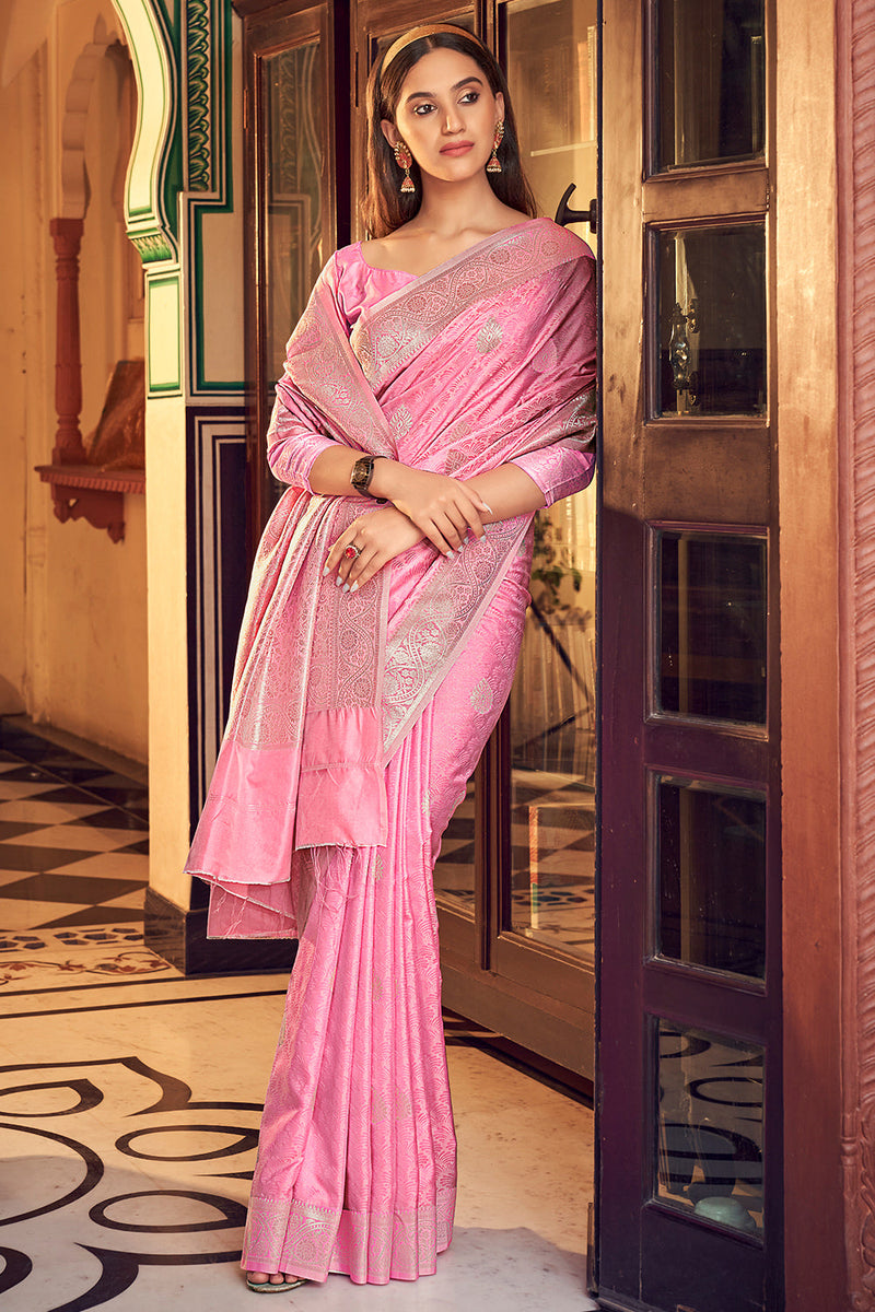 Neon Pink Satin Saree