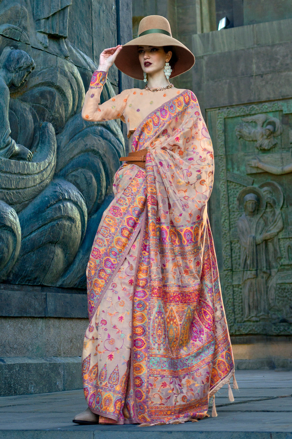 Cream Pashmina Silk Organza Saree