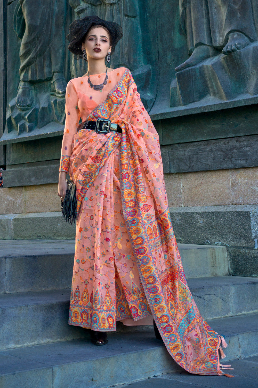 Peach Pashmina Silk Organza Saree