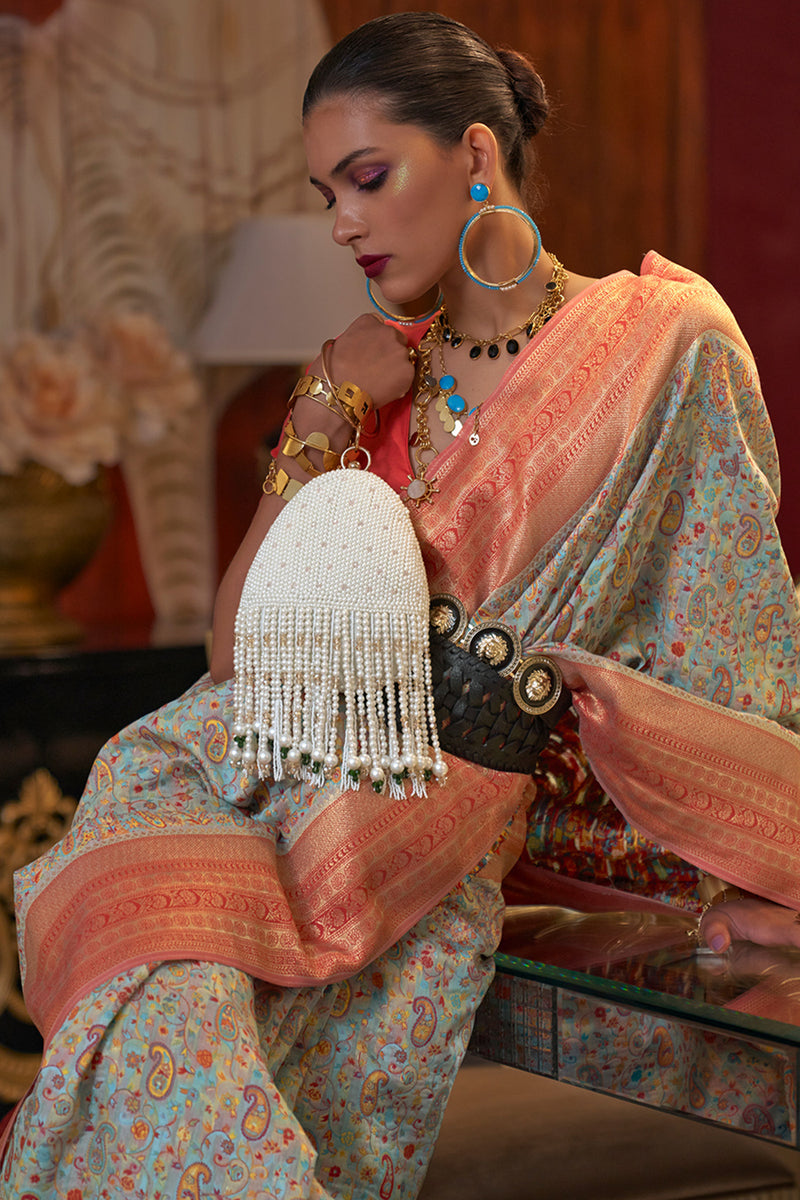 Summer White And Orange Pashmina Saree