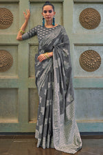 Elegant Grey Cotton Lucknawi Saree