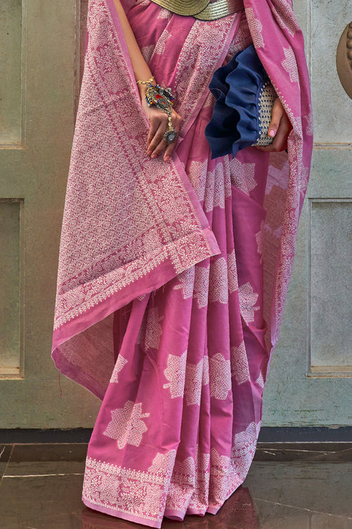 Georgia Pink Cotton Lucknawi Saree