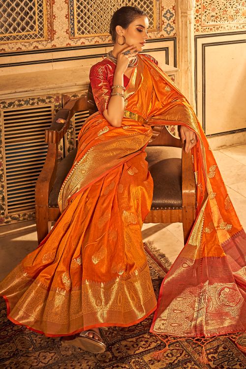 Fire Orange Tussar Silk Saree
