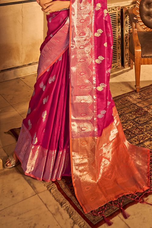 Cerise Pink Tussar Silk Saree