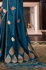 Prussian Blue Zari Butta Woven Banarasi Saree