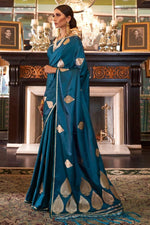 Prussian Blue Zari Butta Woven Banarasi Saree