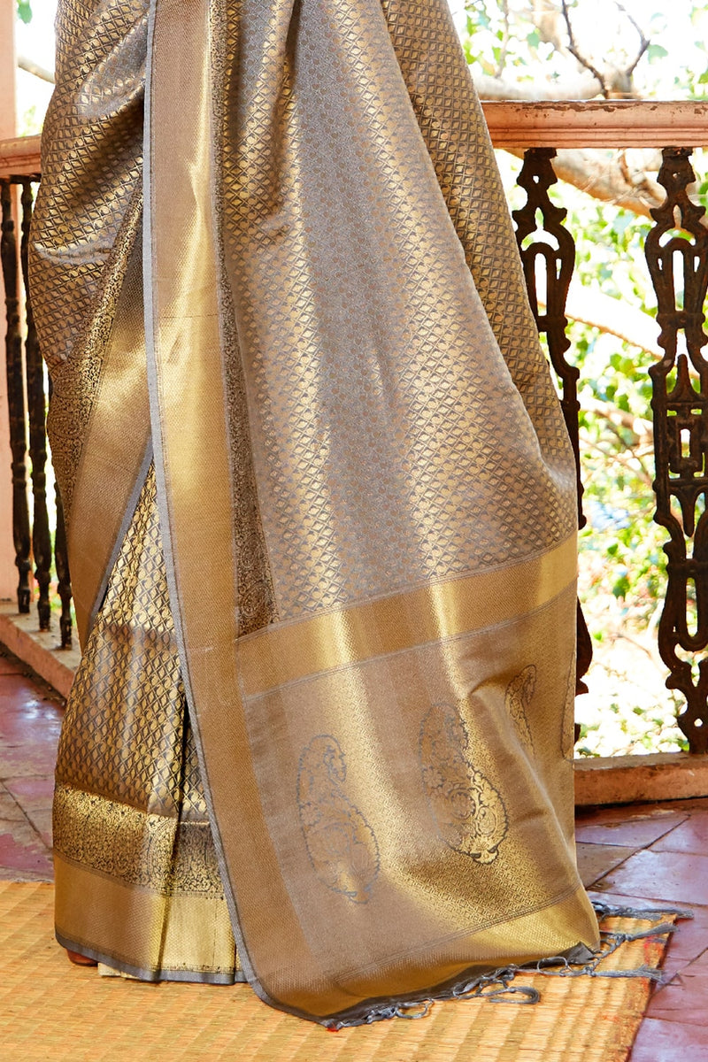 Steel Grey and Golden Zari Woven Kanjivaram Saree