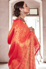Pinata Orange Zari Woven Kanjivaram Fusion Saree With Swaroski