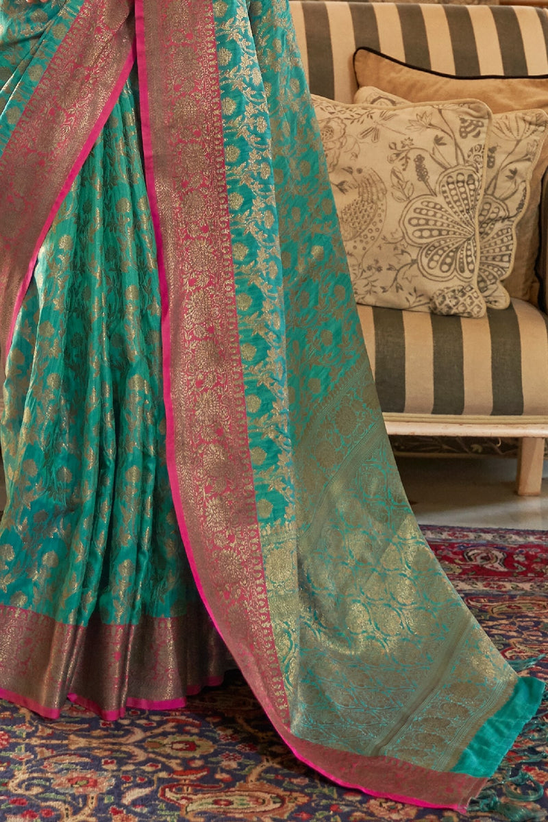 Teal Blue Zari Woven South Silk Saree