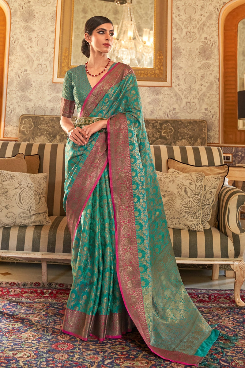 Teal Blue Zari Woven South Silk Saree