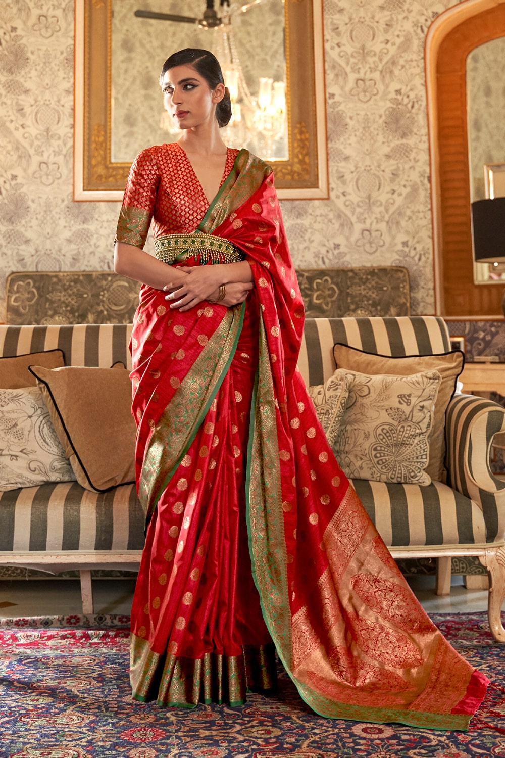 Rufous Red Zari Woven South Silk Saree