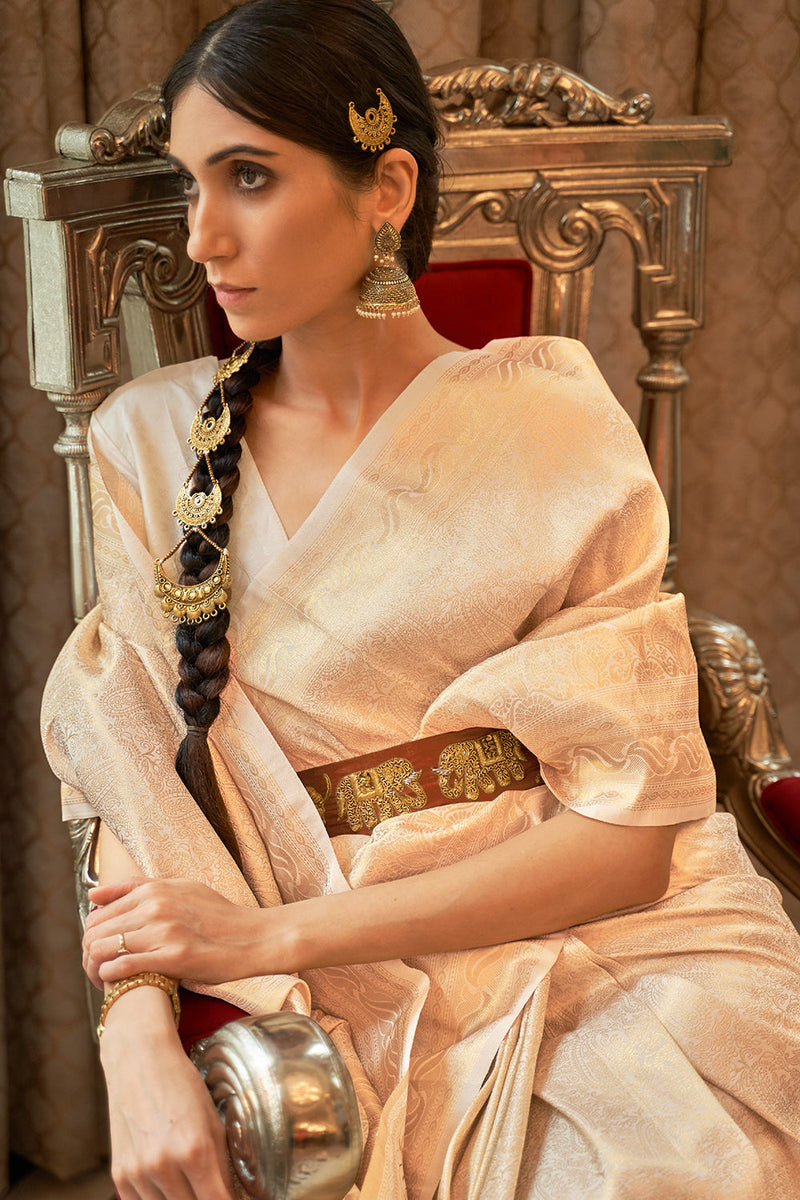 Cream White Kanjivaram Saree