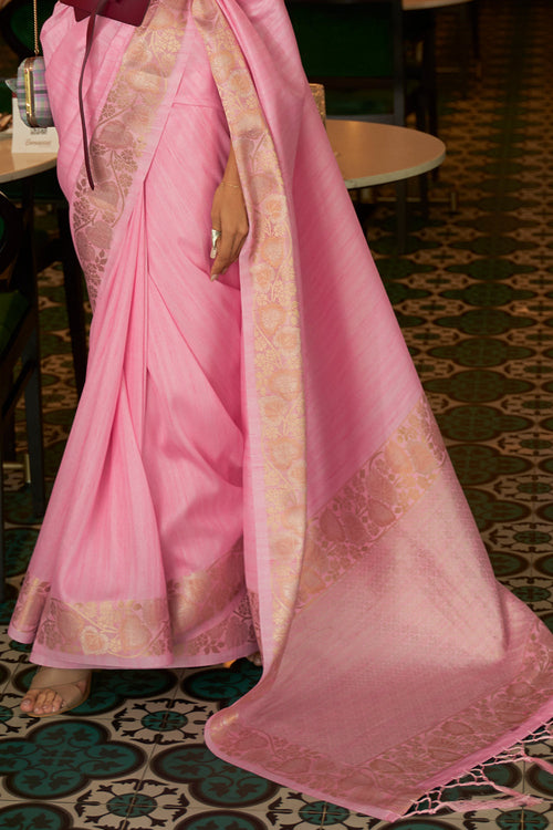 Carnation Pink Tussar Silk Saree