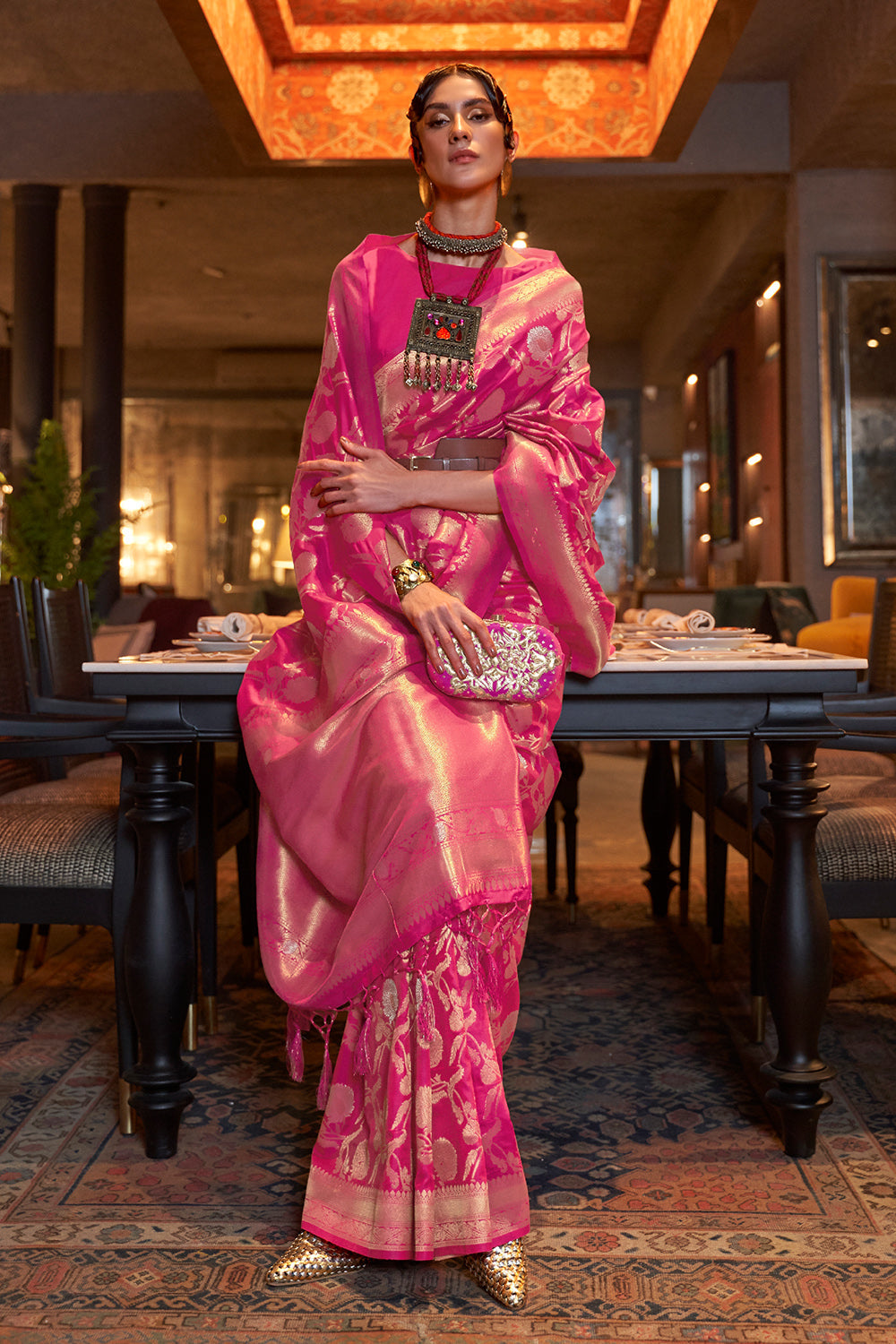 French Rose Pink Kanjivaram Saree