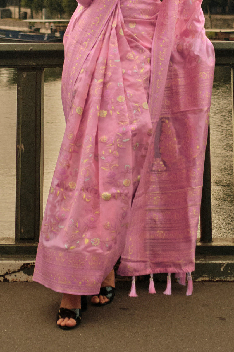 Baby Pink Kashmiri Organza Silk Saree