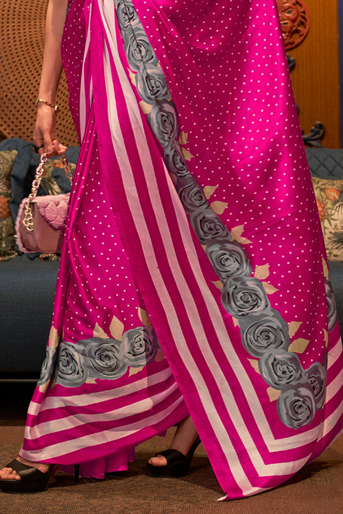 Magenta Pink Satin Silk Saree