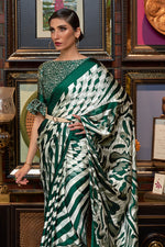 White And Green Satin Silk Saree
