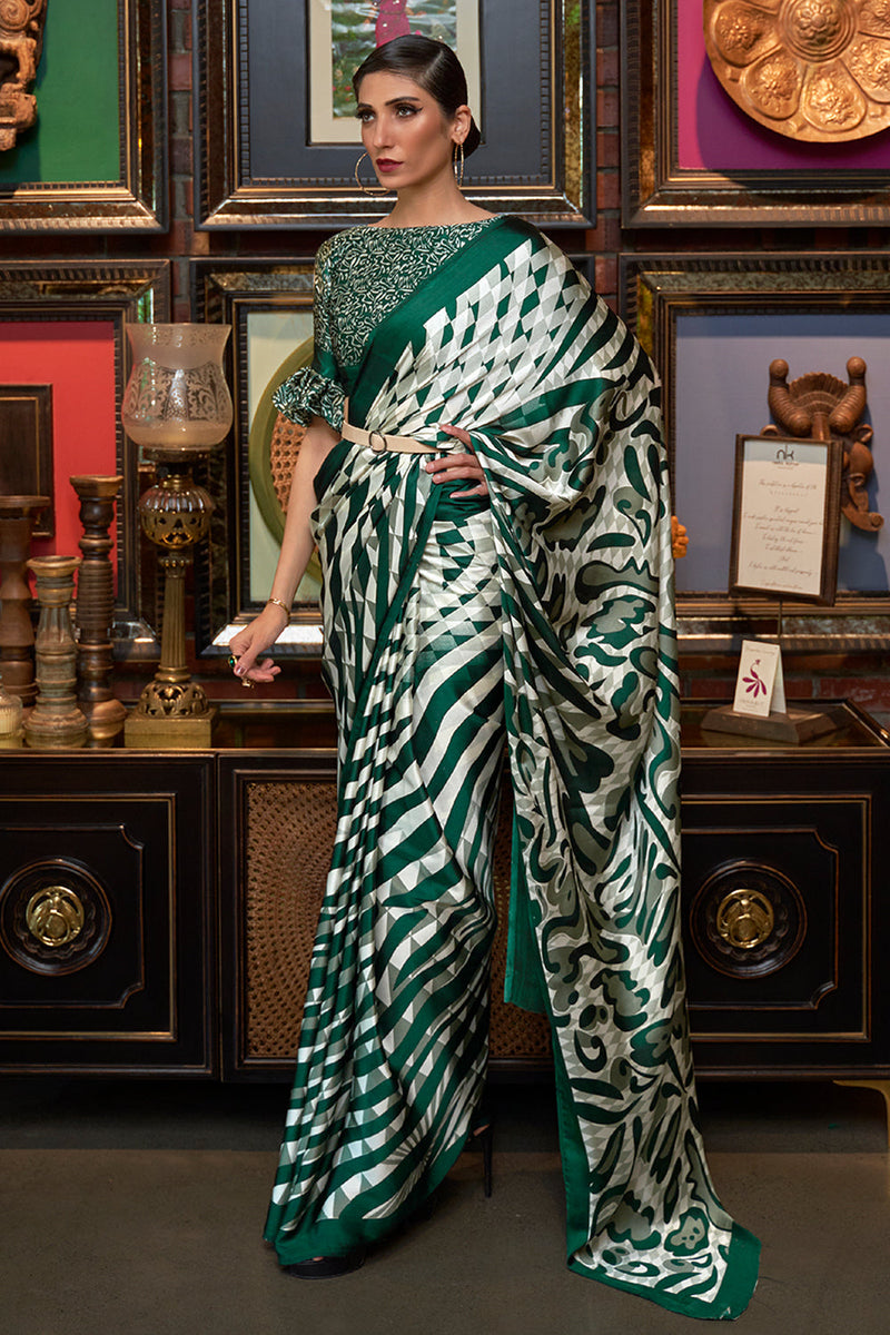White And Green Satin Silk Saree