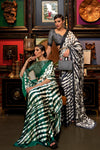 White And Green Satin Silk Saree