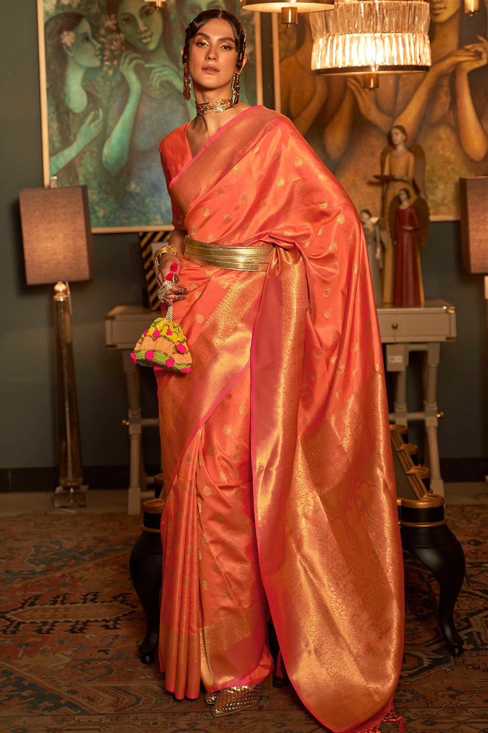 Peach Orange Banarasi Saree