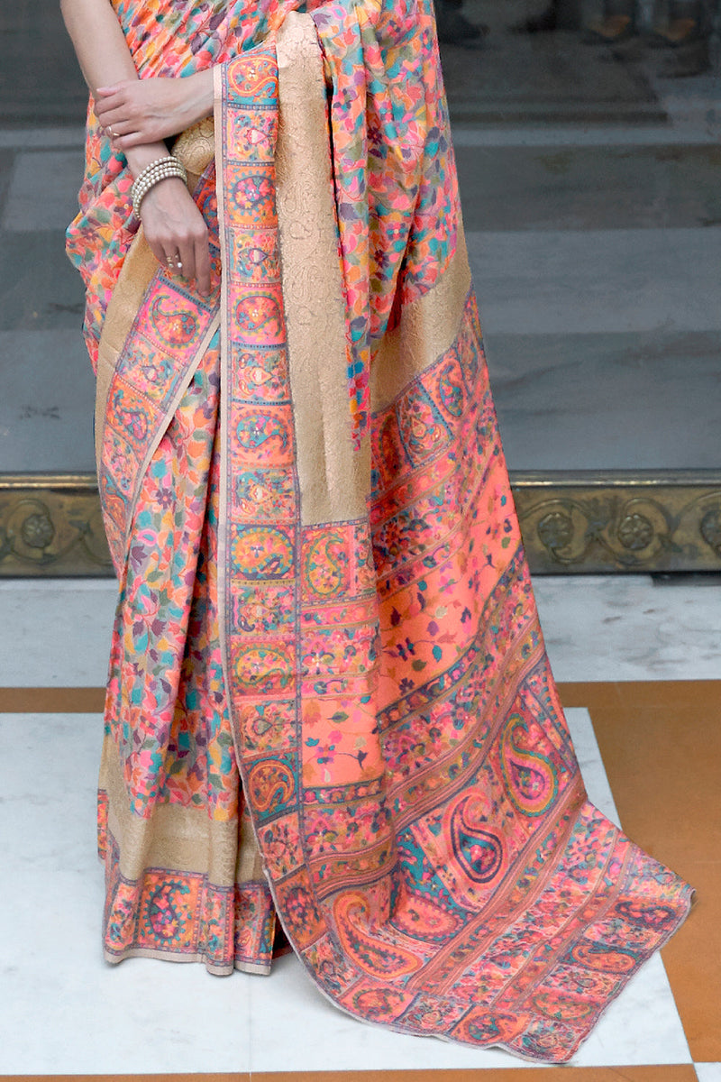 Pink And Golden Pashmina Saree