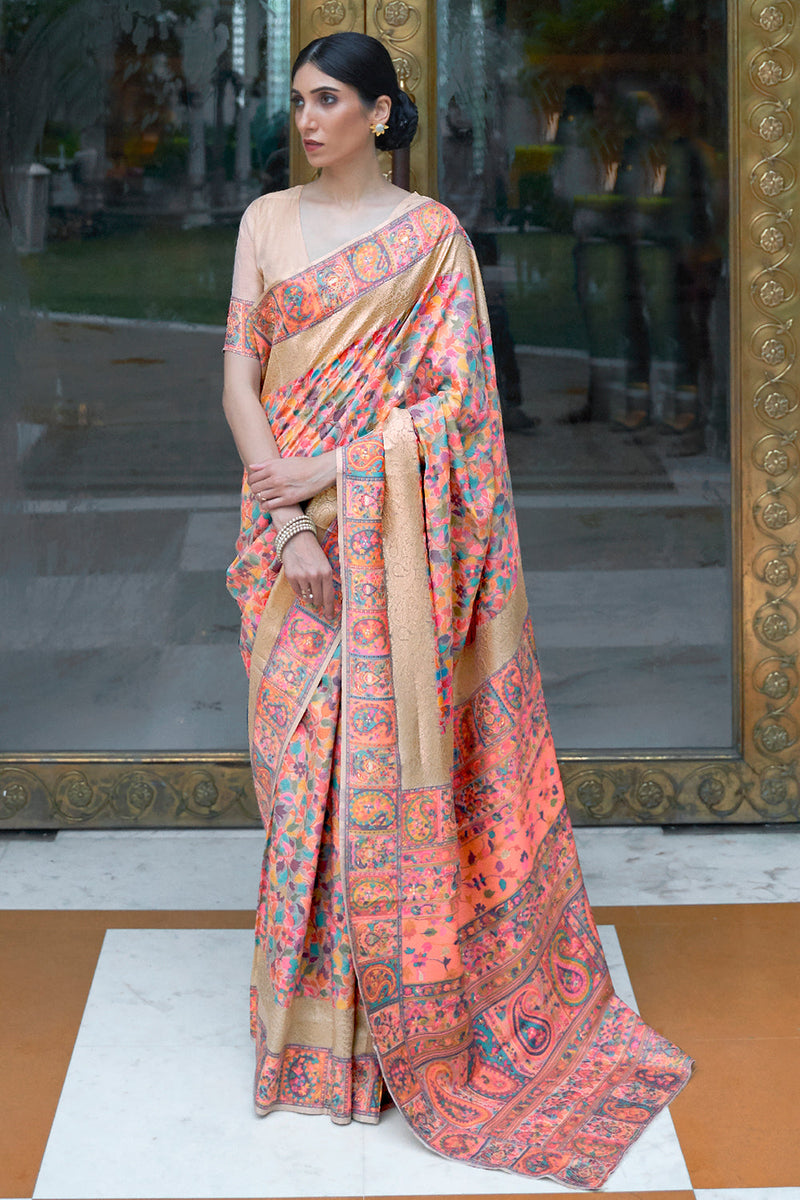 Pink And Golden Pashmina Saree