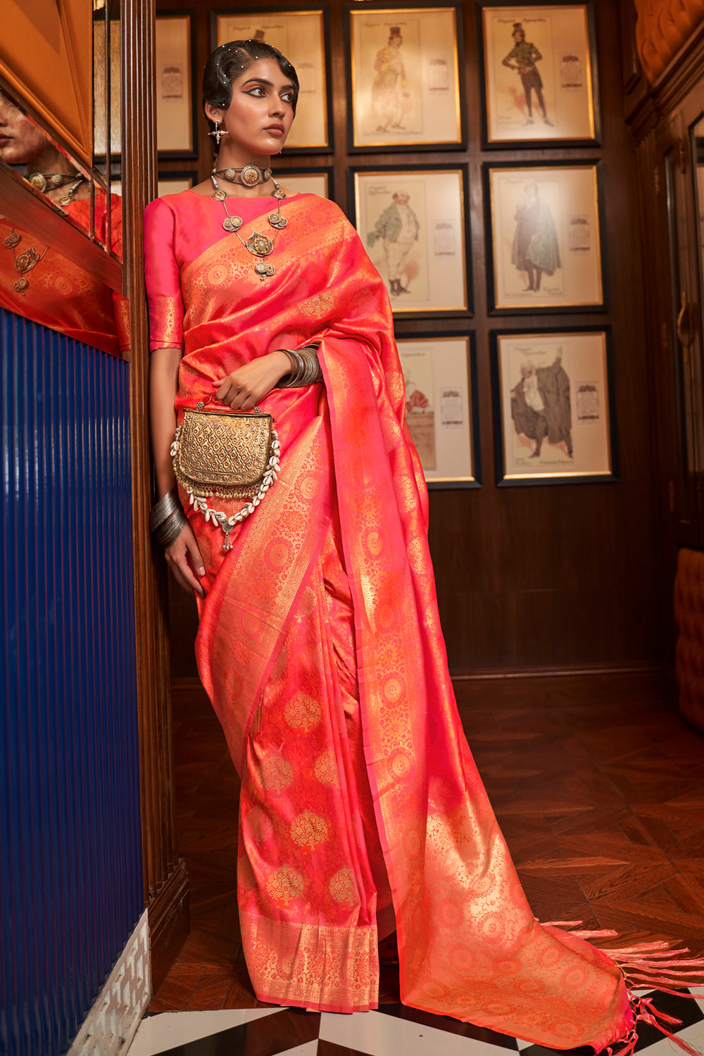 Coral Pink Kanjivaram Saree