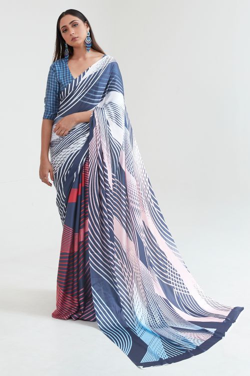 Steel Blue Satin Crepe Saree