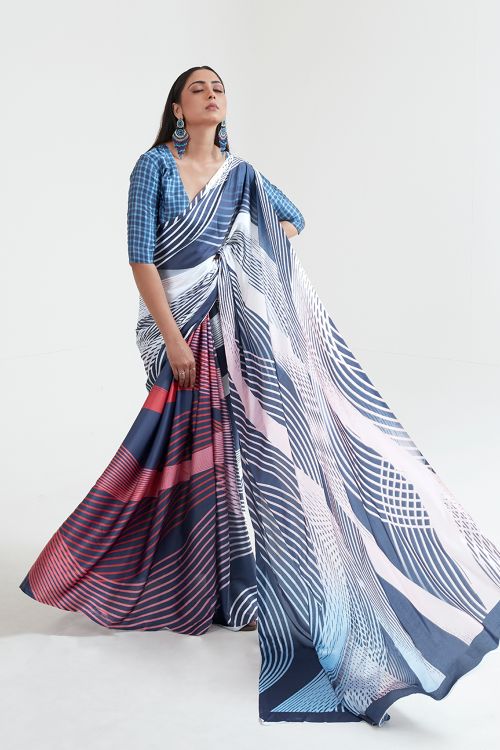 Steel Blue Satin Crepe Saree