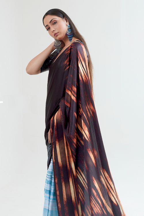 Brown And Blue Satin Crepe Saree