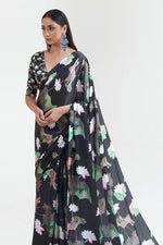 Pitch Black Satin Crepe Saree