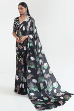 Pitch Black Satin Crepe Saree