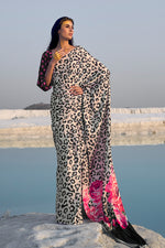 Pearl White Leopard Print Satin Silk Saree