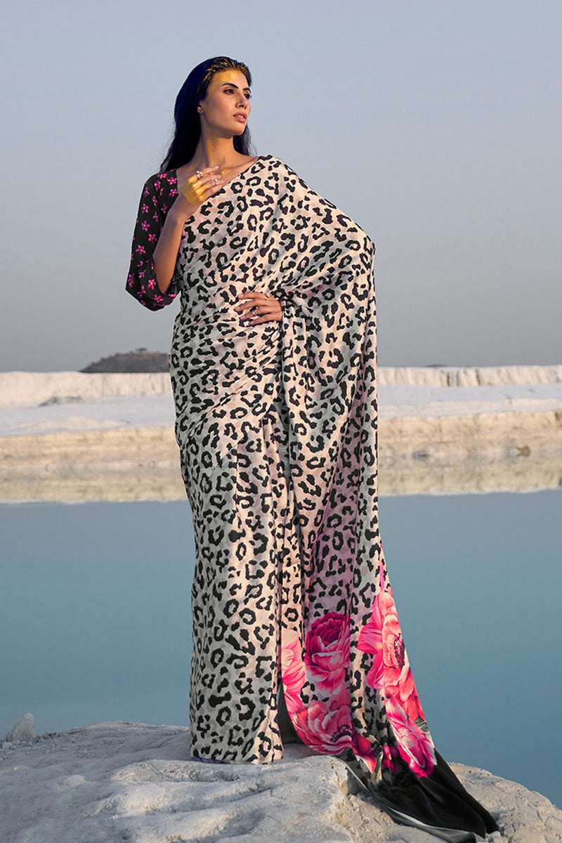 Pearl White Leopard Print Satin Silk Saree