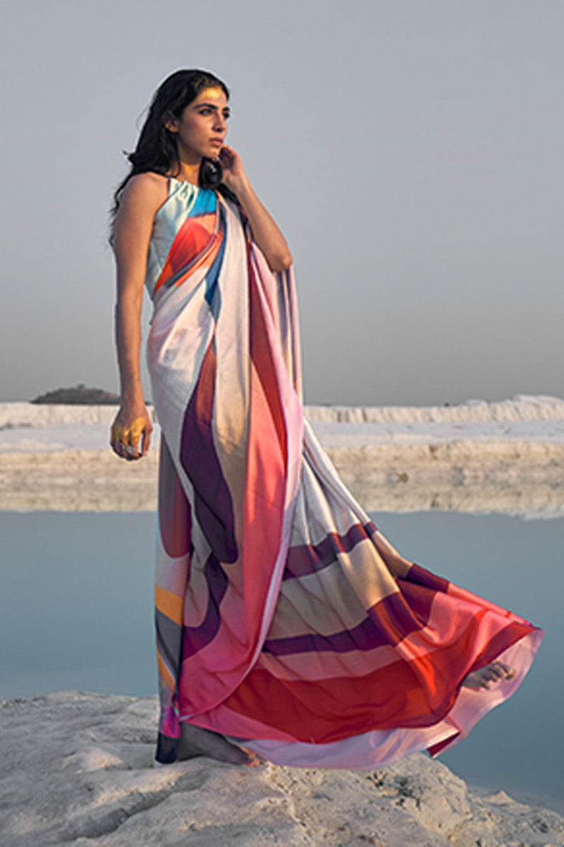 Ultra White And Multicolor Satin Silk Saree