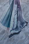 Teal Blue Floral Print Satin Silk Saree