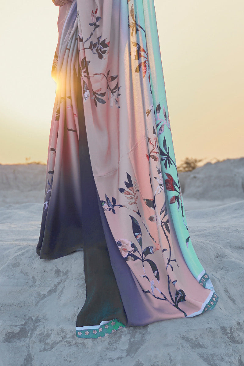 Light Pink And Blue Satin Silk Saree