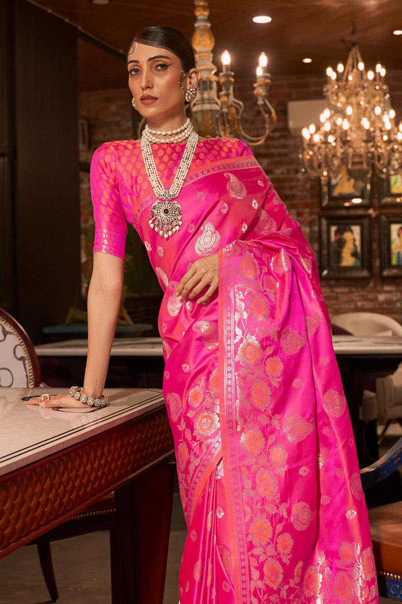 Bright Magenta Pink Satin Silk Saree
