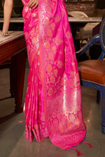 Bright Magenta Pink Satin Silk Saree