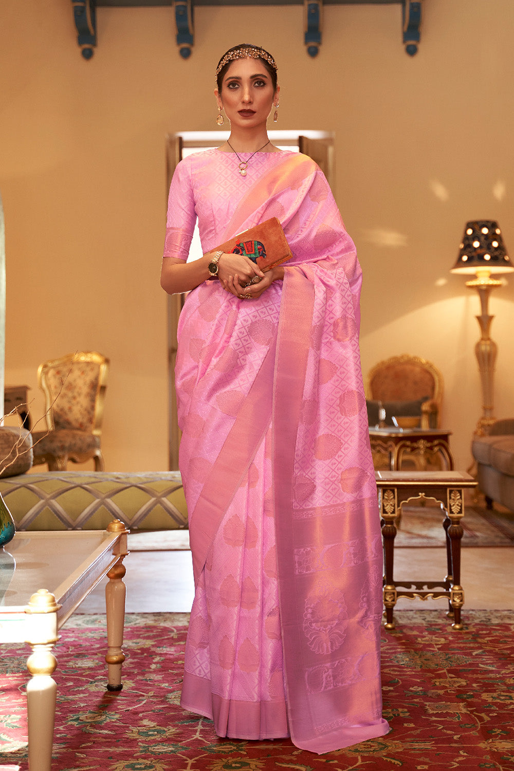 Carnation Pink Banarasi Silk Saree