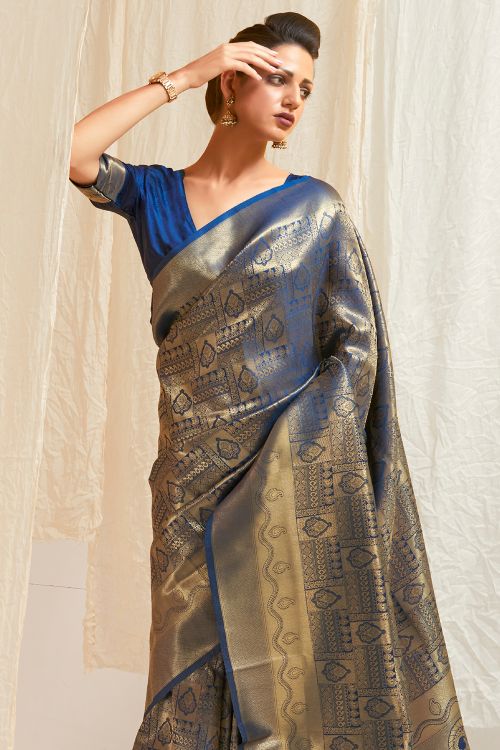 Denim Blue Shimmery Kanjivaram Saree