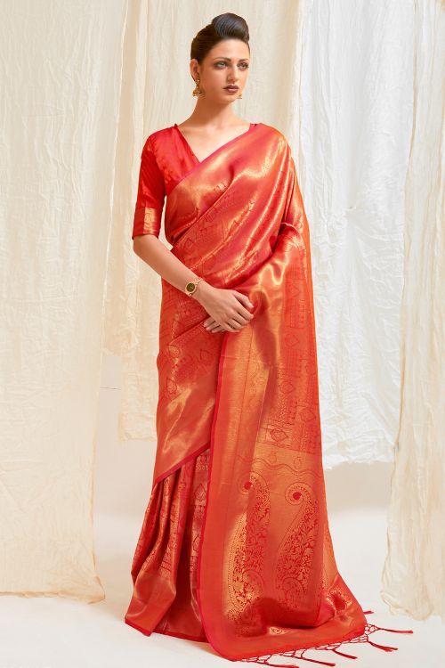 Scarlet Red Shimmery Kanjivaram Saree