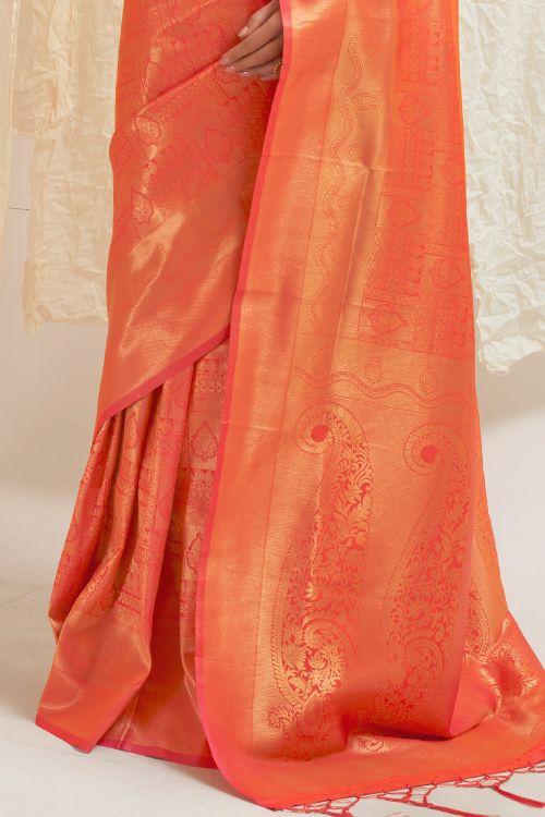 Fire Orange Shimmery Kanjivaram Saree