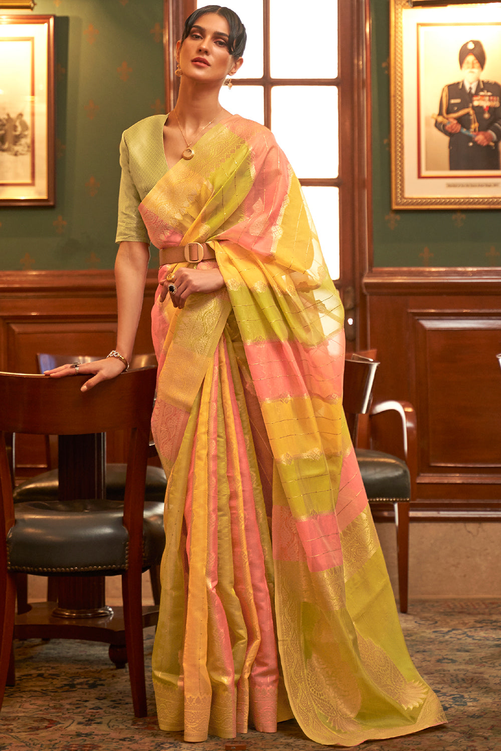 Green And Pink Organza Saree