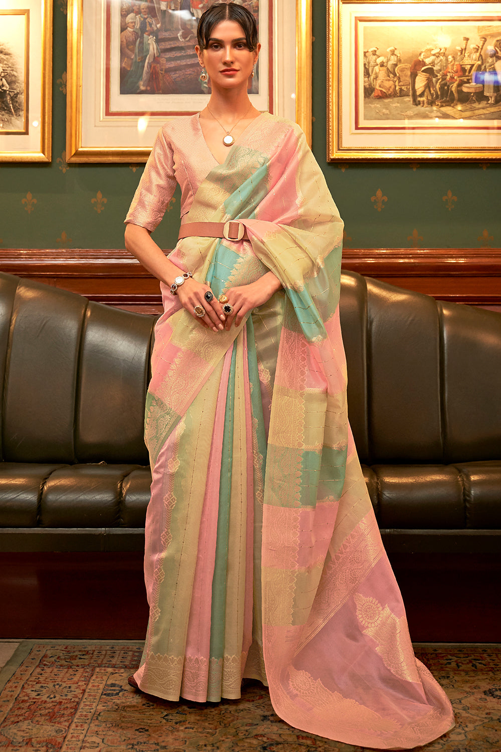 Pastel Blue And Pink Multicolour Organza Saree