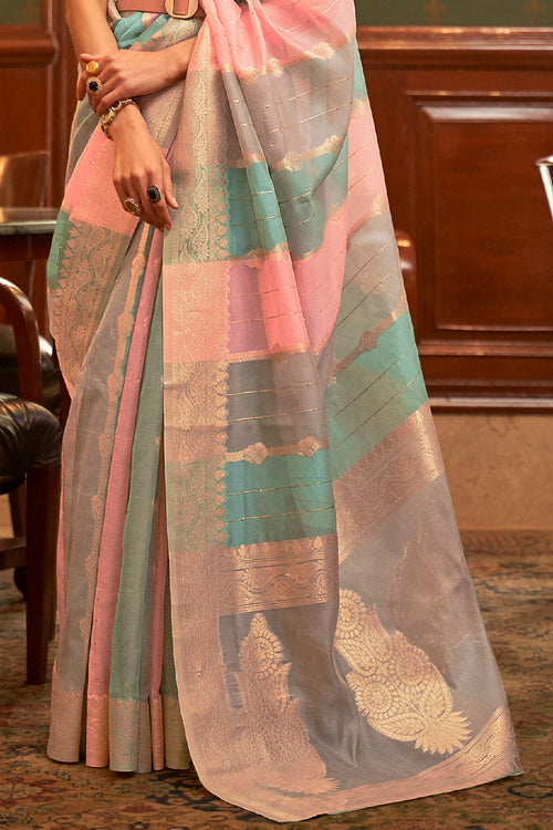 Blue And Pink Organza Saree