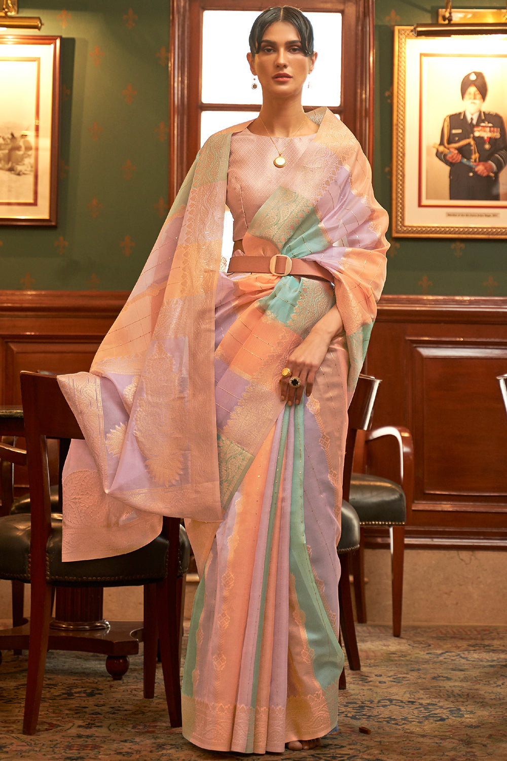 Pastel Pink Multicolour Organza Saree