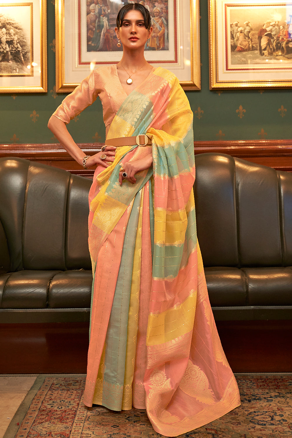 Pastel Yellow Multicolor Organza Saree